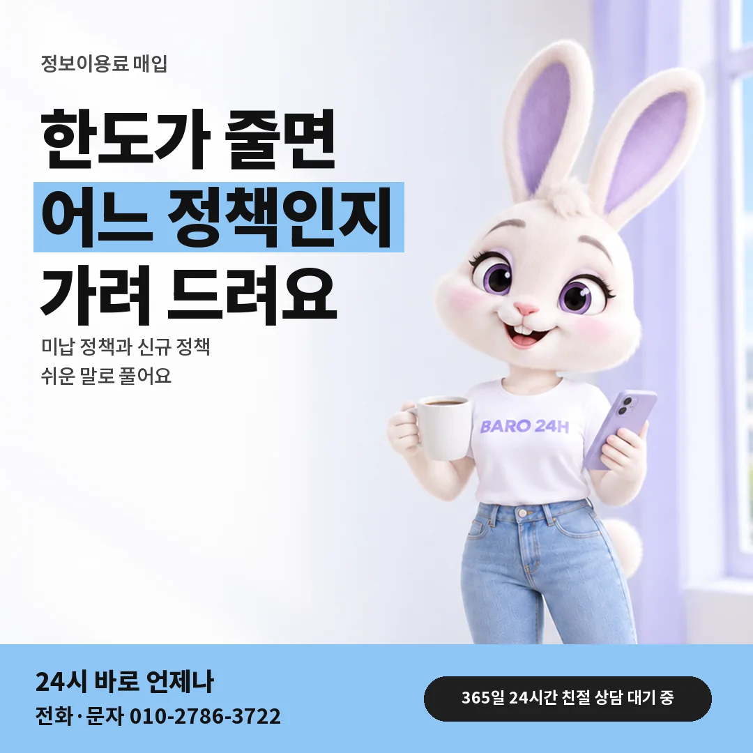 휴대폰을 보며 웃는 BARO 24H 티셔츠를 입은 3D 토끼 캐릭터 옆에 「미납 · 신규 정책」 제목을 얹은 안내 카드