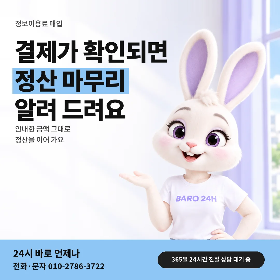 BARO 24H 티셔츠를 입은 3D 토끼 캐릭터 옆에 「결제 확인 뒤 정산」 제목을 얹은 안내 카드