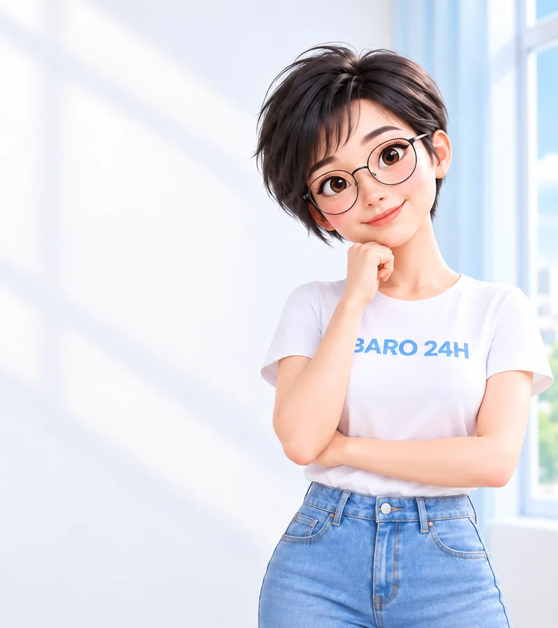 휴대폰을 들고 상담을 안내하는 BARO 24H 티셔츠 차림의 20대 3D 인물